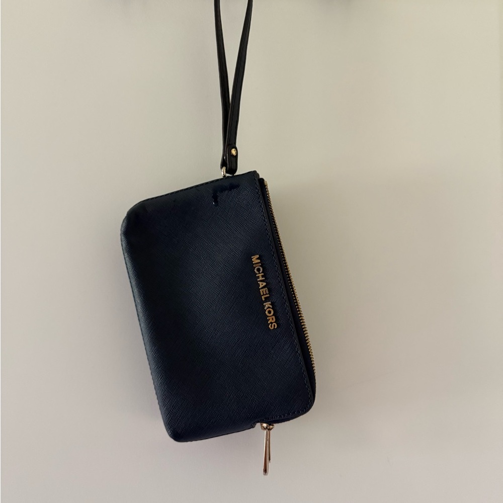 Michael Kors Navy Wristlet with Gold Accents